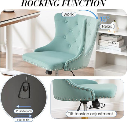 Velvet Armless Home Office Desk Chair, Swivel Height-Adjustable Small Cute Vanity Chair for Women/Girls, Comfy Makeup Chair with Rivet and Gold Base for Living Room, Bedroom(Green)