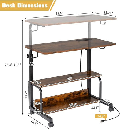 Karl home 31.5" Portable Rolling Desk on Wheels,Height Adjustable Standing Desk with 2 AC Outlets/3 USB Ports,Mobile Laptop Table with Hooks and Storage Shelves for Home Office，Rustic Brown