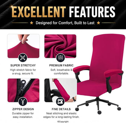 Stretch Computer Office Chair Cover with Armrest Covers Durable Zipper Universal Washable Removable Spandex Rotating Boss Chair Slipcovers Anti-dust Soft Desk Chair Seat Protector, Hot Pink