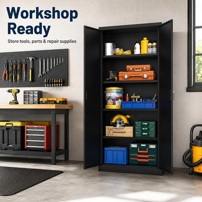 71" Black Metal Storage Cabinet with Lock & Adjustable Shelves - Heavy Duty Garage, Pantry & Office Cabinet with Adjustable Feet, 4 Shelves & Doors for Home Organization