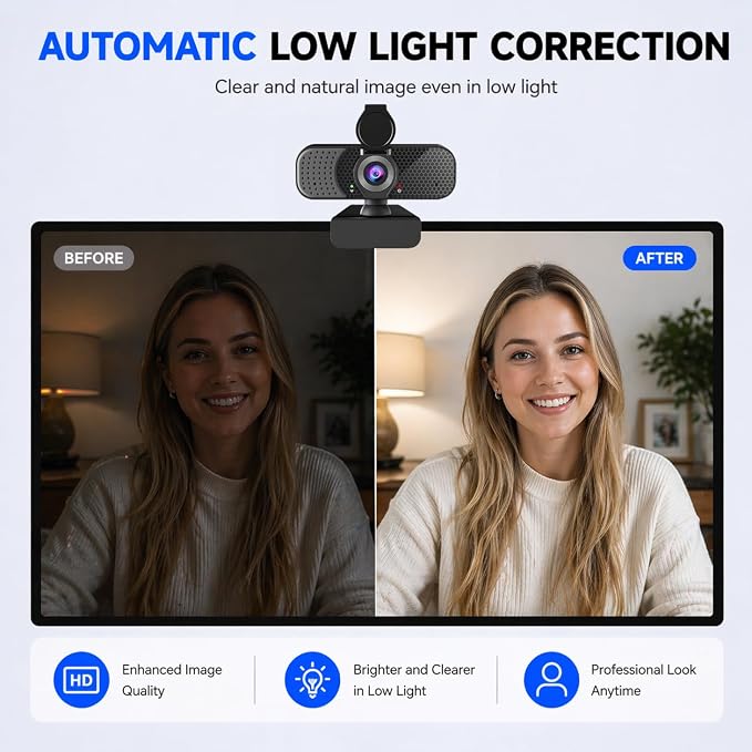 C26 1080P Webcam with Microphone, USB Computer Camera with Privacy Cover, Noise Reducing Mic, Auto Light Correction, 105° Wide Angle, Plug&Play for PC Mac Laptop Zoom Teams Streaming