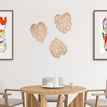 Palm Leaves Wood Wall Decor , 3Pcs Tropical Wall Art Jungle Decor, Wooden Natural Leaves Plant Wall Decor, Vintage Tropical Plant Plaque for Home Living Room Kitchen Bedroom Bathroom & Garden, Light Brown