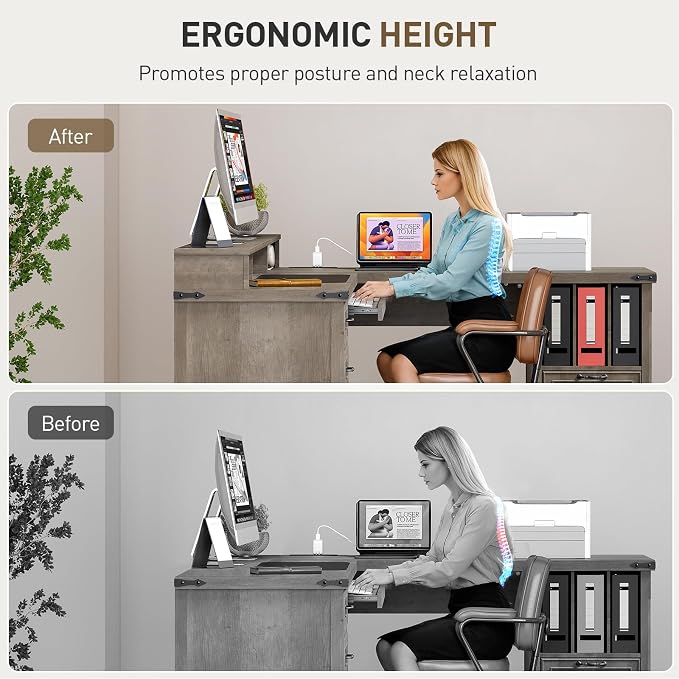 RALGEND 2 Pack Farmhouse 69" Executive L Shaped Desk with Drawer, Home Office Desk with Charging Station, Corner Computer Desk with Monitor Stand,Drawer,Storage Cabinet, Greige