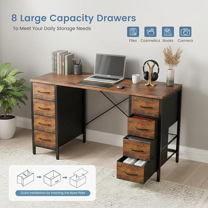 DUMOS 47 Inch Computer Desk with 8 Fabric Drawers, Office Gaming Desk with Storage, Writing Study Table with X-Shaped Reinforced Structure, Dark Brown