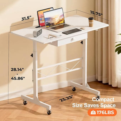 COMHOMA Small Standing Desk with Storage Drawer, Mobile Height Adjustable Rolling Sit Stand Desk with Lockable Wheels 4‑Level Portable Laptop Desk for Small Space Home Office Treadmill Workstation