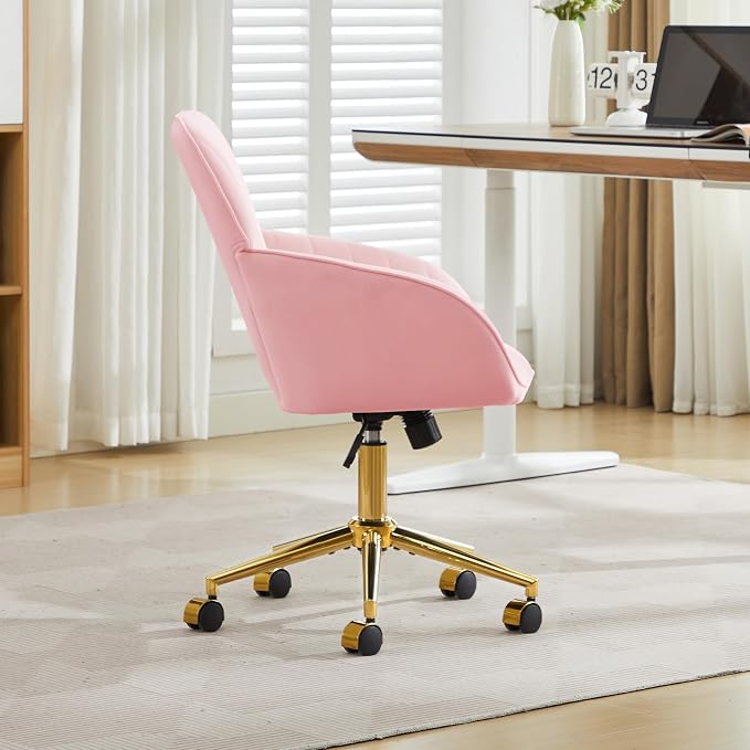YISHENG Velvet Office Desk Chair with Gold Base, with Wheels,Modern Height Adjustable 360 Degree Swivel Upholstered Vanity Chairs with Arms for Living Room Bedroom,Pink