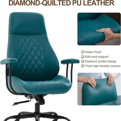 Office Chair with Rubber Wheels, Ergonomic Computer Chair 500 lbs, Leather Desk Chair with Lumbar Support, Executive Chair Adjustable Height & Recline, Green | Ergonomic, Lumbar Support, 360° Swivel & Rolling Wheels, Adjustable Height, for Adults & Women
