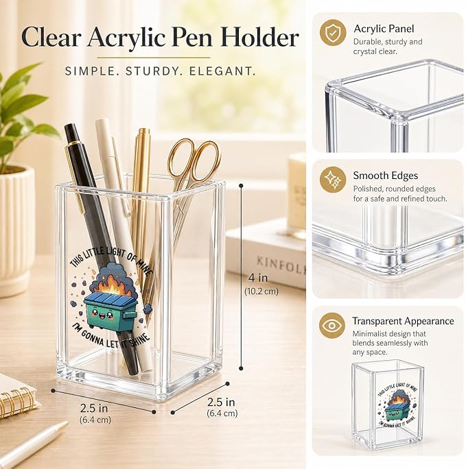 Funny Dumpster Fire Pen Holder for Desk - Response Team & This Little Light of Mine - Clear Acrylic Makeup Brush Holder, Sarcastic Office Decor, Relatable Coworker Gag Gift for Women Men Boss