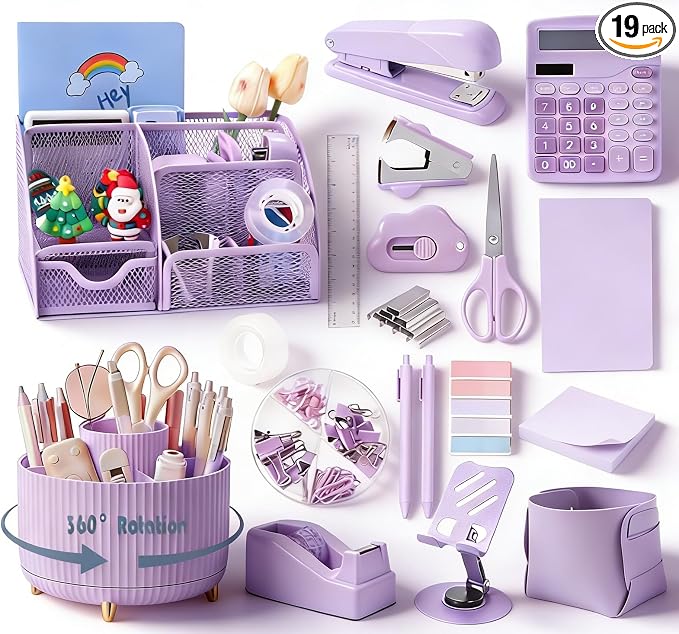 Gawsey Desk Organizers and Accessories with Desk Organizer 360° Rotating Pen Holder and Office Supplies, Cute Stationery Supplies Set (Purple)