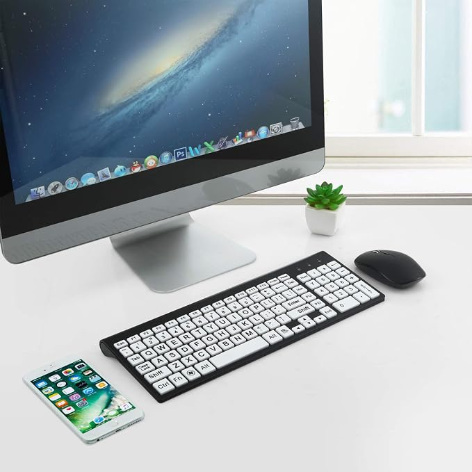 Full Size Large Print 2.4g Wireless Keyboard and Mouse with Oversized Print for Visually Impaired Low Vision Individuals (Black)
