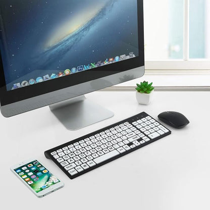 Full Size Large Print 2.4g Wireless Keyboard and Mouse with Oversized Print for Visually Impaired Low Vision Individuals (Black)