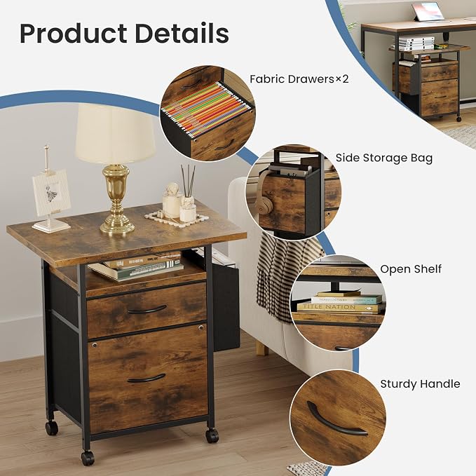 DUMOS 2 Drawer Mobile File Cabinet, Rolling Printer Stand with 24'' Wide Desktop, Fabric Drawer Cabinet Under Desk Fits A4 Size, Printer Cart with Storage Side Bag for Home Office, Rustic Brown