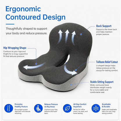 Memory Foam Seat Cushion with Lumbar Back Support, L-Shaped Ergonomic Chair Cushion for Office Chair, Car, Wheelchair, Gaming Seat, Non-Slip Washable Cover, Coccyx Support Pillow