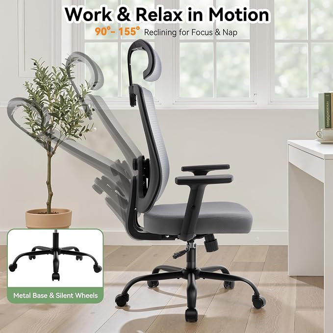 Ergonomic Office Chair, Office Desk Chair with High Back Mesh and Adjustable Lumbar Support, Rolling Work Chairs with Wheels and Adjustable Headrests, Wide Cushion, Grey