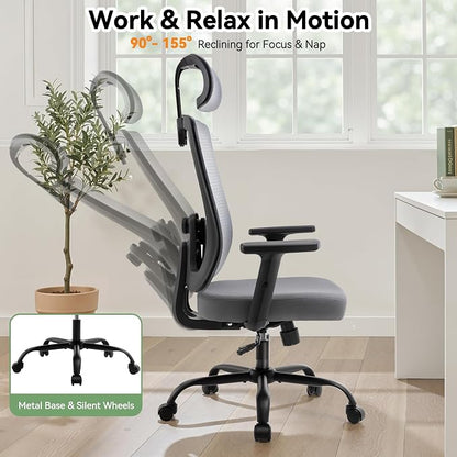 Ergonomic Office Chair, Office Desk Chair with High Back Mesh and Adjustable Lumbar Support, Rolling Work Chairs with Wheels and Adjustable Headrests, Wide Cushion, Grey