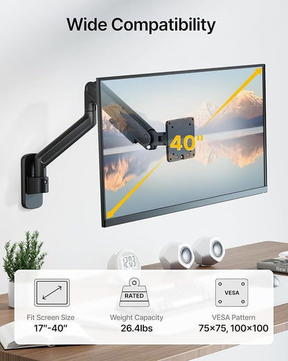 monTEK Single Monitor Wall Mount for 17 to 40 inch Screen, Heavy-Duty Holds up to 26.4lbs,Adjustable Full Motions Mechanical Spring Arm, VESA 75x75/100x100,Black