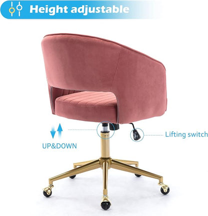 Home Office Chair Swivel Velvet Desk Chair Accent Armchair Upholstered Modern Tufted Chairs with Gold Base for Girls Women Ergonomic Study Seat Computer Task Stools for Living Room(Rose)