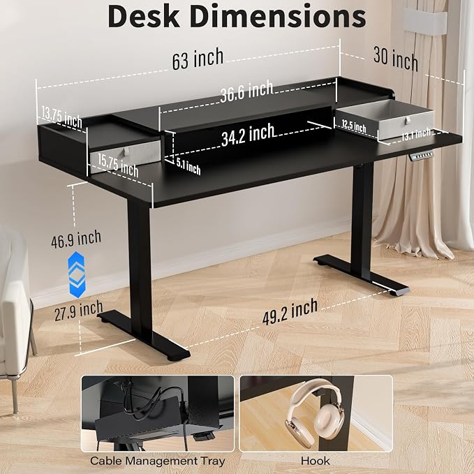 Kingant 63 x 30 Inch Electric Standing Desk with Dual Drawers, Adjustable Height Computer Desk for Home Office, Large Workstation Sit Stand Up Desk with Built-in Storage Shelf, Black