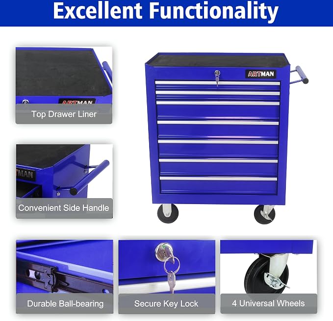 RYH 7 Drawers Rolling Tool Chest & Tool Box on Wheels | Heavy Duty Metal Cart with Ball Bearing Drawers | Fits US General Tool Box for Garage Storage (Blue, 7 Drawers（29.9" H × 24.2" W × 12.9" D)