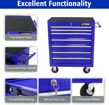RYH 7 Drawers Rolling Tool Chest & Tool Box on Wheels | Heavy Duty Metal Cart with Ball Bearing Drawers | Fits US General Tool Box for Garage Storage (Blue, 7 Drawers（29.9" H × 24.2" W × 12.9" D)