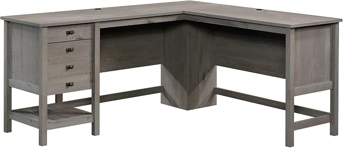 Sauder Cottage Road L Shaped Desk Computer Desk with Drawers, Home Office Desk with Optional File Cabinet Storage, Cable Management, in Mystic Oak Finish