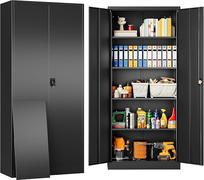 SISESOL Metal Storage Cabinet with 2 Doors and 5 Shelves,71" Lockable Garage Storage Cabinet,Black Metal Cabinets with Lock,Locking Steel Cabinets for Home,Office,Garage,Shop,School