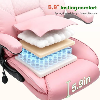 500lbs Big and Tall Office Chair with Inflatable Lumbar Support, Rubber Wheels Executive Chair with Rocking Function, High Back Wide Cushion Leather Ergonomic Computer Desk Chair for All-Day Sitting
