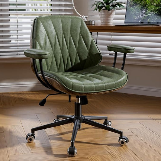 Office Desk Chair with Rubber Casters and Padded Arms, Premium Olive Green Faux Leather Computer Chair, Height Adjustable Vintage Rolling Swivel Executive Task Chair for Home Office