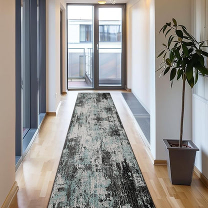 RELEANY Washable Area Rugs 2'x10' Non-Slip Modern Abstract Soft for Living Room Entryway Bedroom Kitchen, Print Pattern, Blue Black Teal