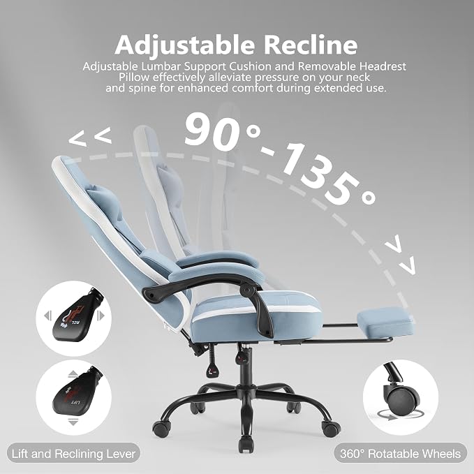 NEWBULIG Gaming Desk Chair - High Back Computer Office Chair with Footrest and Headrest, Comfy Ergonomic Lumbar Support with Linkage Armrests, Height Adjustable and 360° Swivel Wheels, Blue