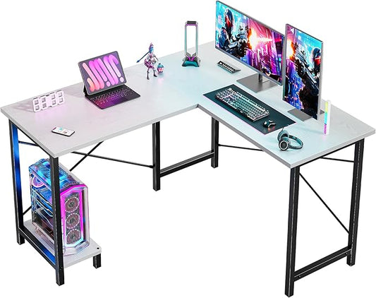 DUMOS L Shaped Desk, Computer Gaming Desks Corner Office Table with CPU Shelf for Home Study Writing Work Station 50 Inch, Sturdy Modern Design, Ideal for PC Setup, Study, and Home Office Use, White