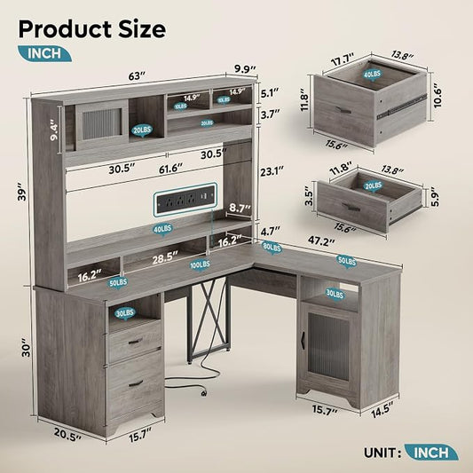Bestier Farmhouse 63" L Shaped Desk with Hutch, Wood Computer Desk with Drawers, Charging Station, LED Light, Fluted Sliding Door Cabinet, Monitor Stand, Executive Desk for Home Office, Grey