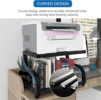 PUNCIA 2 Tier Wood Printer Stand with Storage Heavy Duty Desktop Shelf | Black Modern Minimalist Style Fits Laser Printers Copiers Fax Machines, Organizer for Home Office Dorm Small Spaces