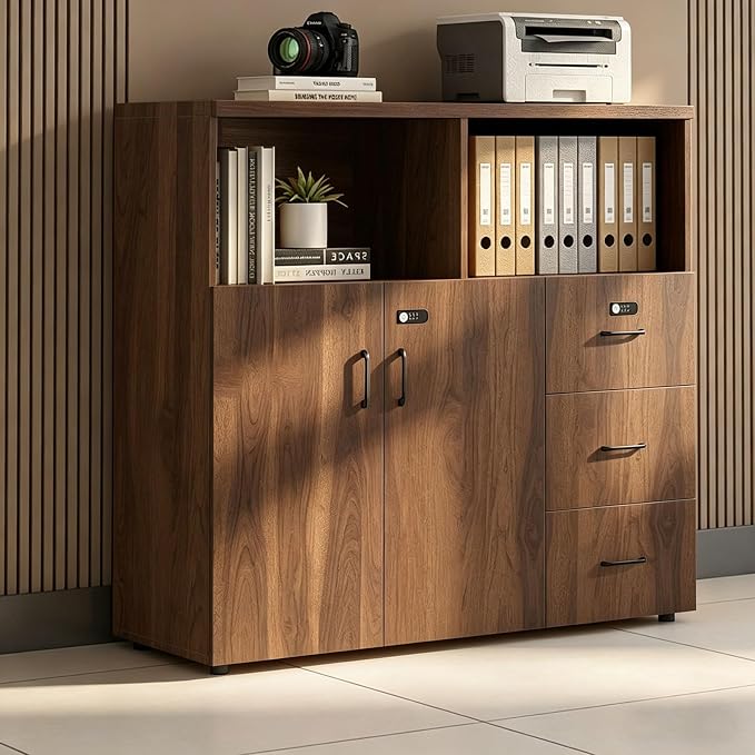 File Cabinet with Password Lock, Wood Lateral Filing Cabinet for Letter/A4 Files, 3 Drawer with Door, Printer Stand with Open Shelves for Home Office