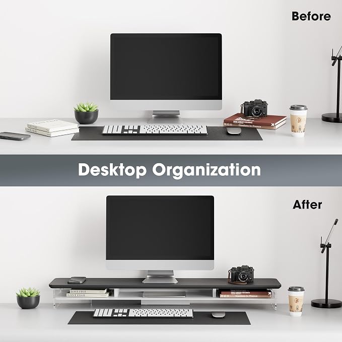 Fenge Acrylic Monitor Stand, 42.5 Inch Clear Dual Monitor Riser with Metal Storage, 2 Tier Computer Riser with LED Lights for Desk, Laptop, Printer, TV