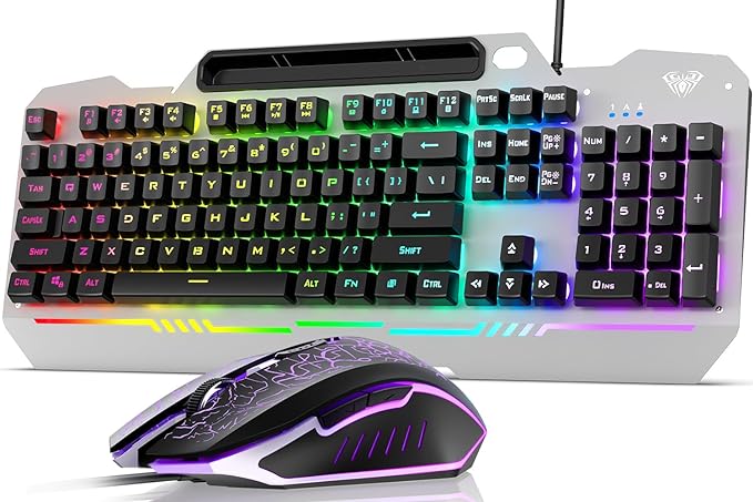 AULA Gaming Keyboard and Mouse,Wired 104-Key Mouse and Keyboard Combo Metal | Full Size Computer Keyboards with Number Pad,New Update Version,RGB Backlit Anti-Ghosting PC Keyboard for Laptop WinXP/7/8/10