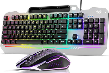 AULA Gaming Keyboard and Mouse,Wired 104-Key Mouse and Keyboard Combo Metal | Full Size Computer Keyboards with Number Pad,New Update Version,RGB Backlit Anti-Ghosting PC Keyboard for Laptop WinXP/7/8/10