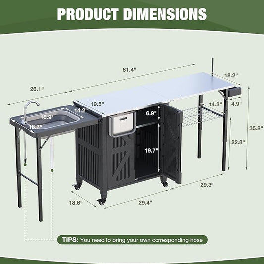 3-in-1 Outdoor Grill Cart with Sink & Faucet, Stainless Steel Top Outdoor Kitchen Island, Prep Table with Foldable Side Table, Storage Cabinet, Rolling Grill Station with Wheels for Patio, Backyard
