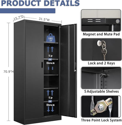 CMY Metal Storage Cabinet, 71" Locking Cabinet with 5 Adjustable Shelves, Large Steel Storage Cabinets for Garage, Home Office, Pantry -Black