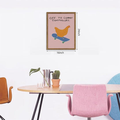 Framed Off to Commit Tomfoolery Wall Art, Vintage Fun Chicken Canvas Print, Whimsical Chicken on Skateboard Picture Wall Decor, Humorous Animal Painting for Living Room Bedroom 16x24 inch