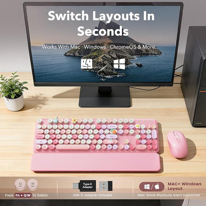 Wireless Keyboard and Mouse Combo, Cute Retro Typewriter Keyboard with Round Keycaps and Magnetic Wrist Rest, Full-Size 2.4GHz Cordless for Mac, Windows PC, Laptop, SABLUTE CK23, Pink Multi-Color