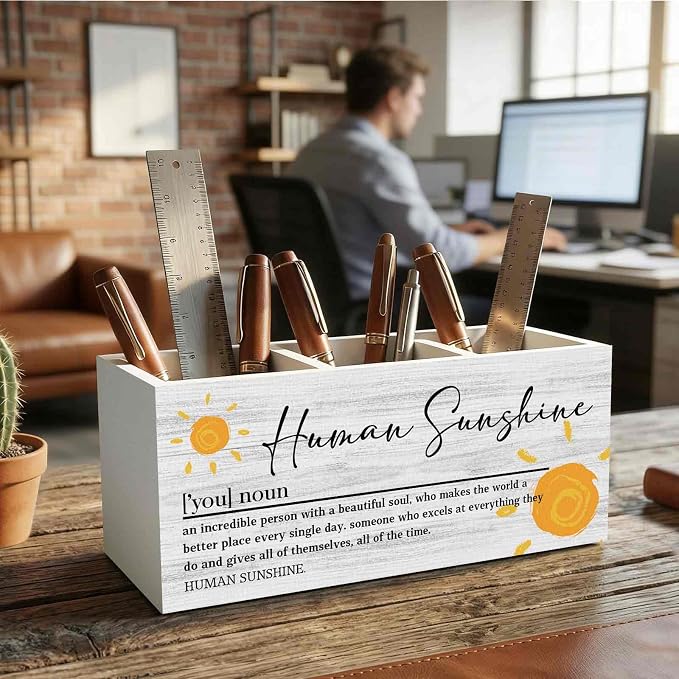 Human Sunshine Inspirational Pencil Pen Holder for Desk Organizer, Human Sunshine Gifts, Encouragement Gifts, Motivational Wooden Box Decorations for Home Office Bedroom Desk Tabletop Decor