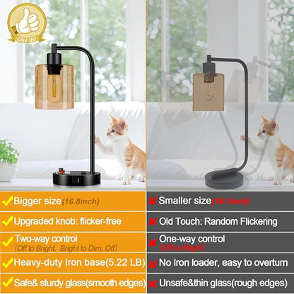 Lynnoland Set of 2 Industrial Table Lamps with USB C+A Ports and Outlet, Black Nightstand Lamps with Amber Glass Shade for Reading Living Room Office (2 LED Bulb)