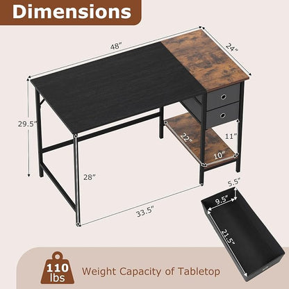 Giantex 48" Computer Desk with 2 Fabric Drawers, Industrial Home Office Desk with Open Storage Shelf, 2-Toned Finish & Metal Frame, Gaming Study Writing Table for Small Space, Bedroom, Black