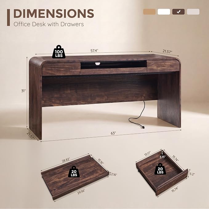 63" Modern Computer Desk with 2 Drawers, Wood Curved Executive Desk with Keyboard Tray & Power Outlet, Writing Desks with Storage for Home Office, Study Room, Living Room (Brown)