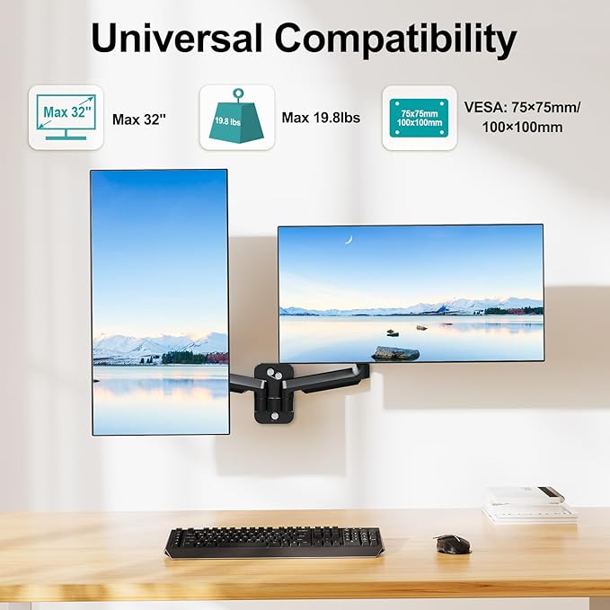MOUNT PRO Dual Monitor Wall Mount for 13 to 32 Inch Screens, Wall Monitor Arm for 2 Monitors, Each Holds Up to 19.8lbs, Full Motion Wall Monitor Mount with VESA 75x75/100x100, Home Office Setup