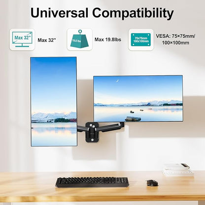 MOUNT PRO Dual Monitor Wall Mount for 13 to 32 Inch Screens, Wall Monitor Arm for 2 Monitors, Each Holds Up to 19.8lbs, Full Motion Wall Monitor Mount with VESA 75x75/100x100, Home Office Setup