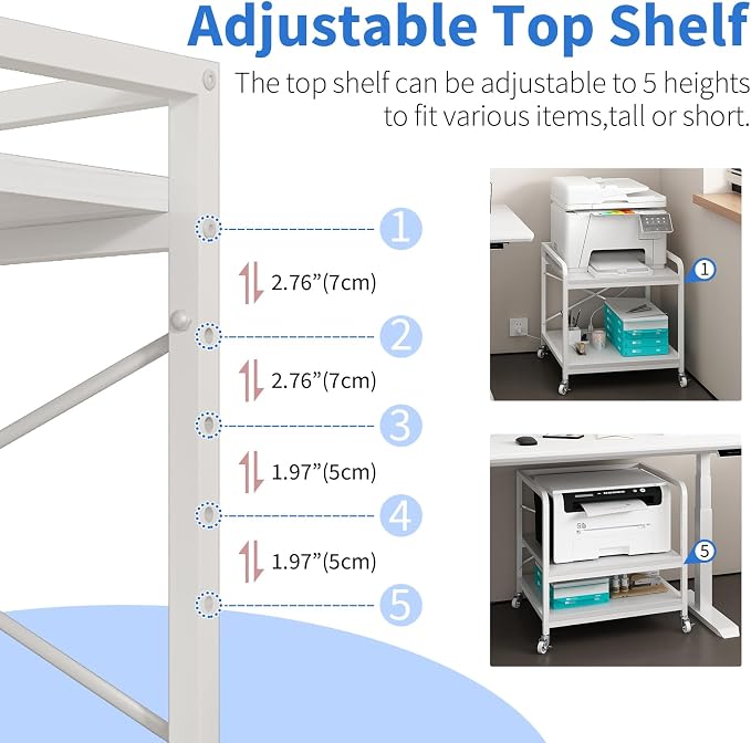 METYERRY Under Desk Printer Stand with Power Outlet,2 Tier Large Printer Table with Adjustable Shelf,Rolling Printer Cart with Industrial Wheels for Home Office,20"×20" White