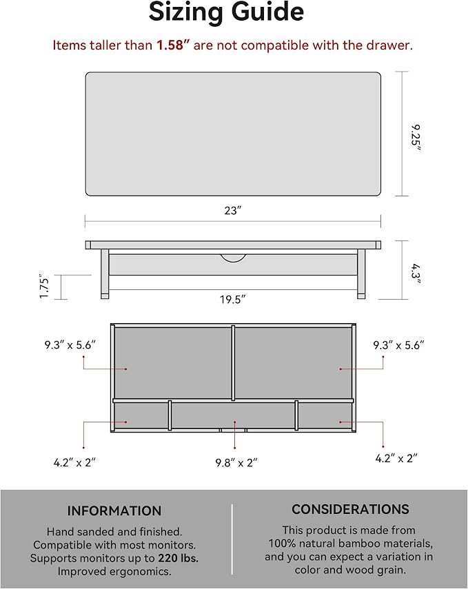 Bamboo Monitor Stand with Large Storage Drawer,23 Inch Ergonomic Computer Riser for Desk, Holds Up to 220lbs, Screen Shelf with 5 Compartments for Keyboard & Stationery Organization