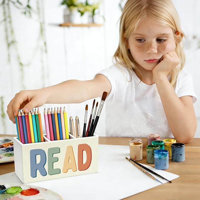 Reading Room Corner Decor Kids Pen Pencil Holder for Desk, Book Lover Reader Gifts, Boho READ Bookish Wooden Box Sign Decorations for Reading Room Nook Home Library Classroom Desk Tabletop
